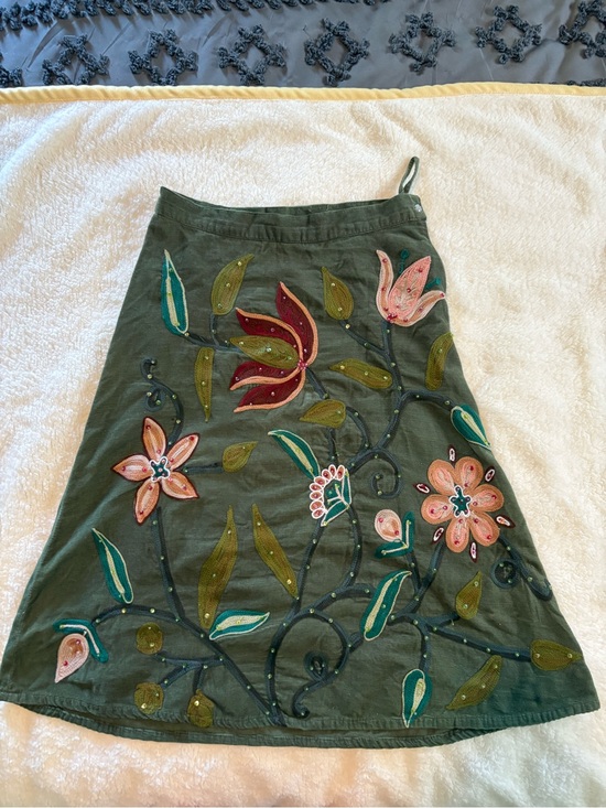 Pura Vida Dresses & Skirts - Pura Vida Olive Green A-Line Skirt with Pink & Teal Floral Embroidery